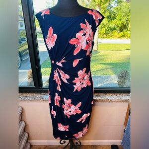 Next Up Floral Navy Pink Ruched Overlay Sheath Dress Size 12